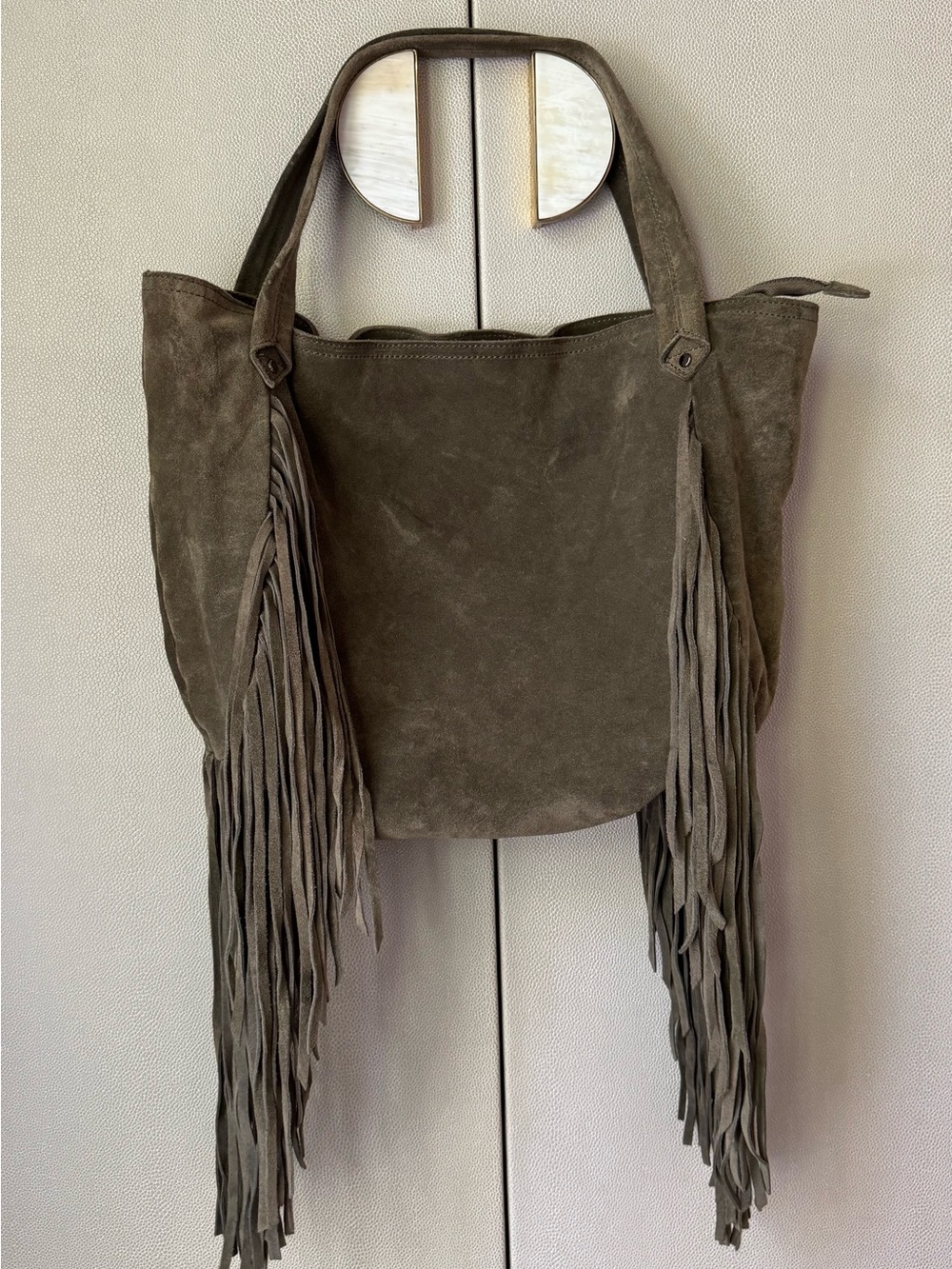 Sorial Suede leather Fringe Tote Bag handbag shoulder bag  in Olive green